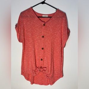 Coral Colored Knit Button Down Short Sleeve Shirt